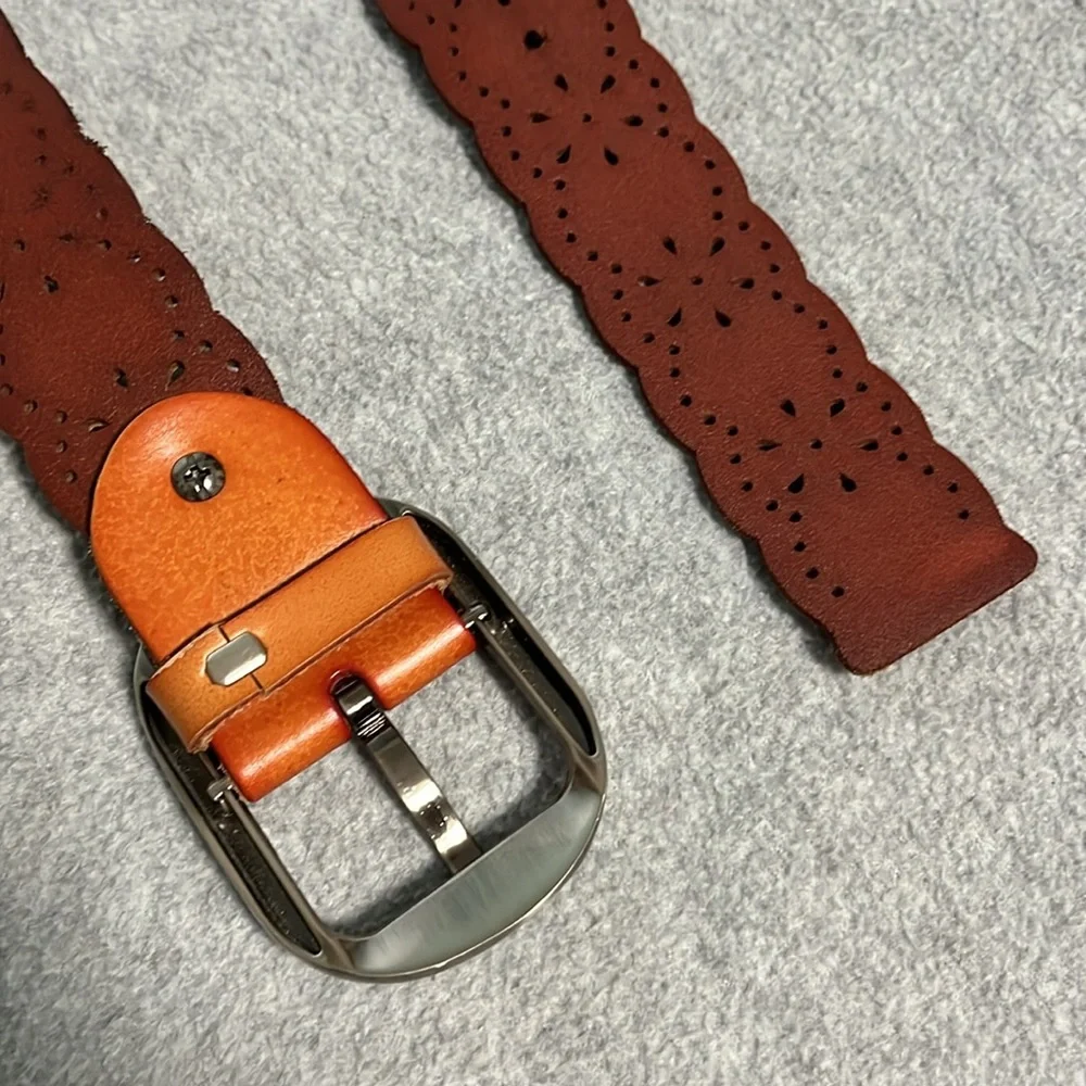 Boho Leather Tooled Belt Silver Tone Metal Buckle Western Festival